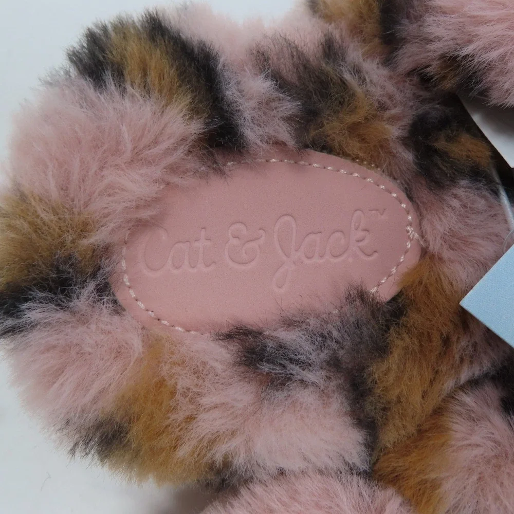 Cat & Jack Girls Pink Leopard Faux Fur‎ Criss Cross Slippers Medium 2/3 Brooklyn